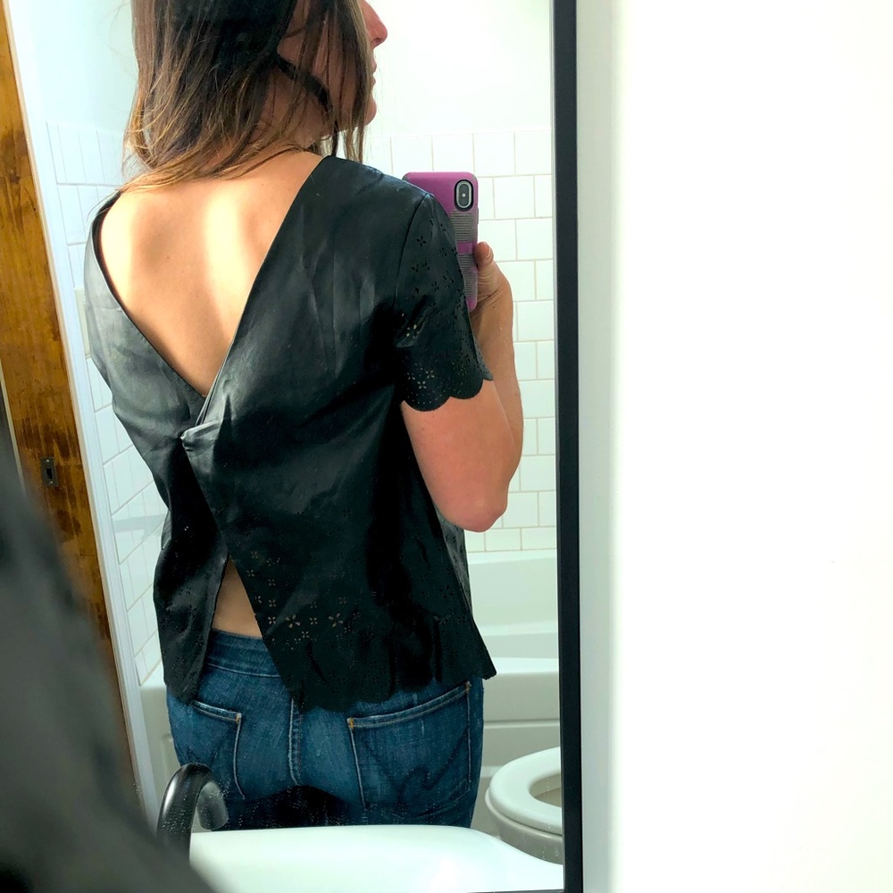 Faux leather top, size Large, open back, laser cut, scallop hem, so adorable!